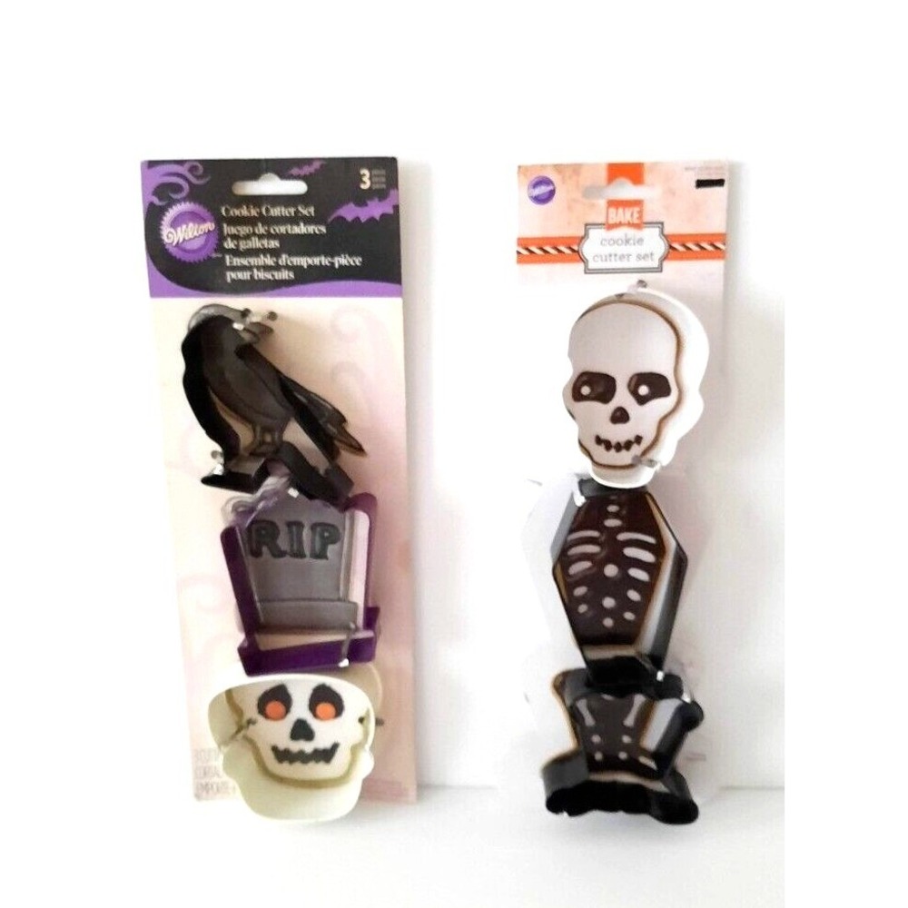 Wilton Halloween Cookie Cutter Set Raven Skull Tombstone Skeleton 6pc Lot NEW